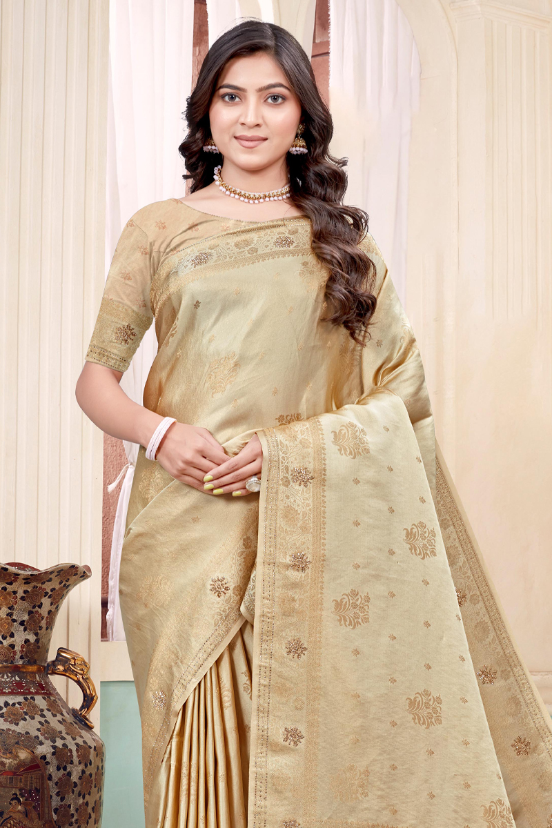 Designer Silk Saree Stone Work In Golden