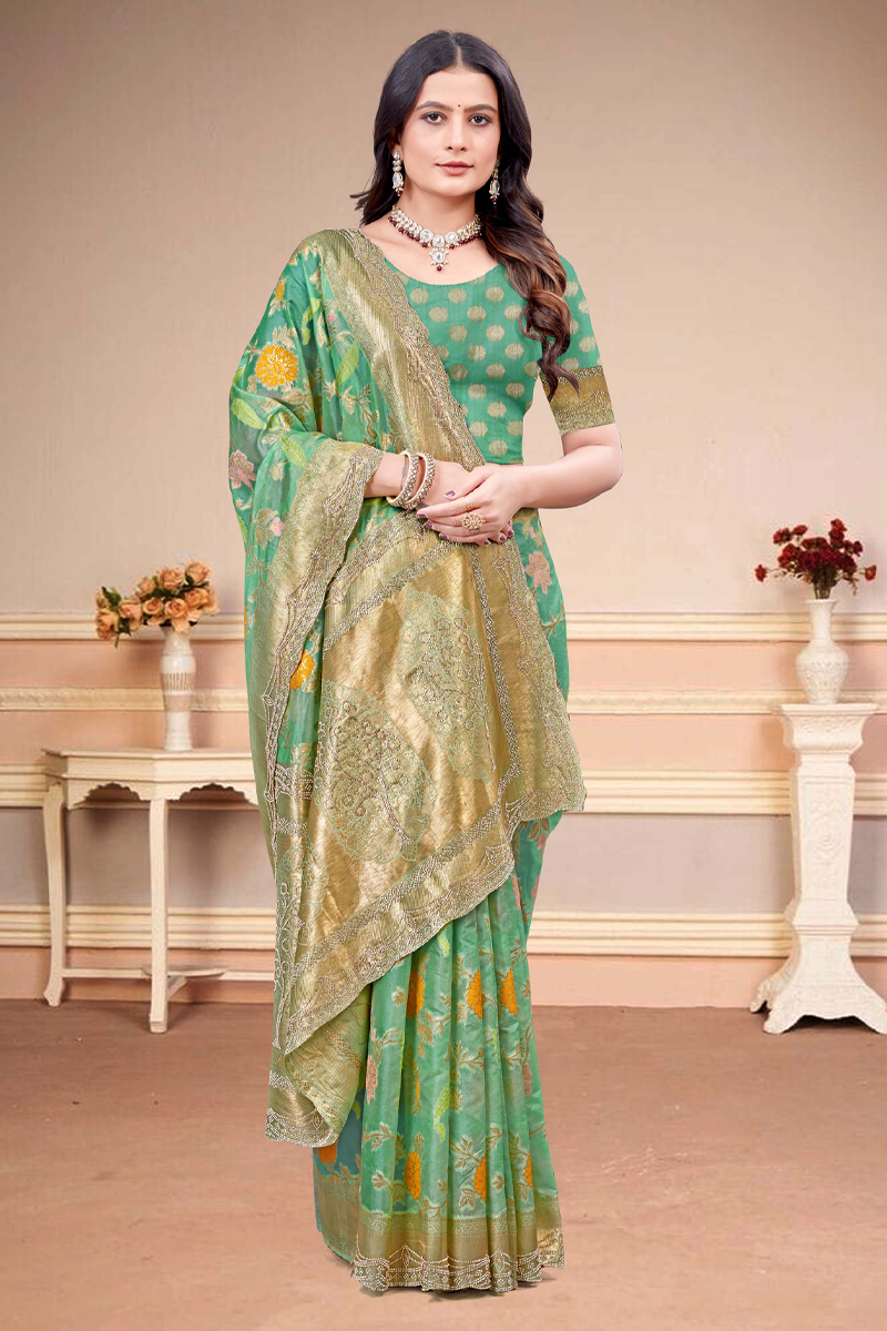 Designer Silk Saree Stone Work In Green