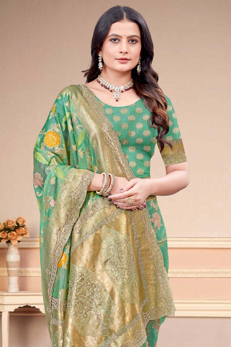 Designer Silk Saree Stone Work In Green