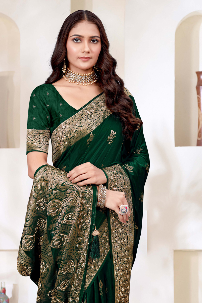 Designer Silk Saree Stone Work In Green