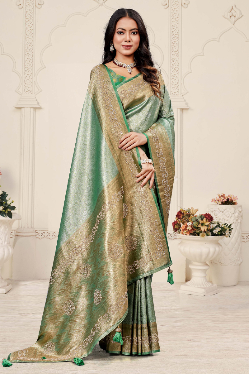 Designer Silk Saree Stone Work In Green