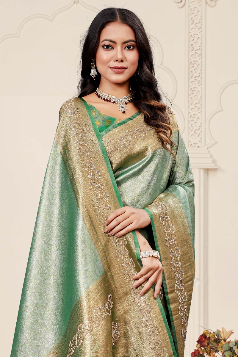 Designer Silk Saree Stone Work In Green