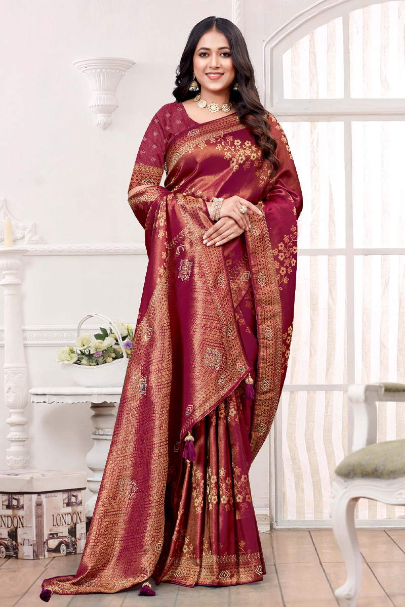 Designer Silk Saree Stone Work In Maroon