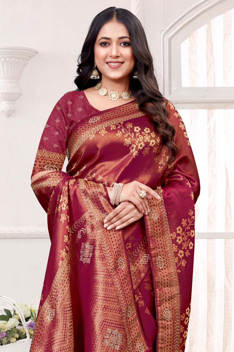 Designer Silk Saree Stone Work In Maroon