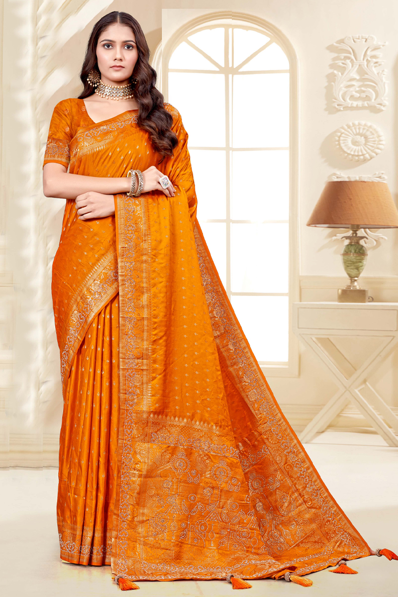 Designer Silk Saree Stone Work In Orange