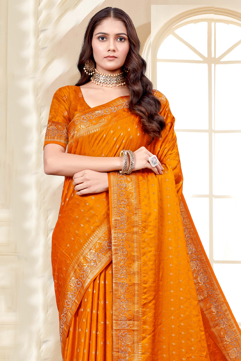 Designer Silk Saree Stone Work In Orange