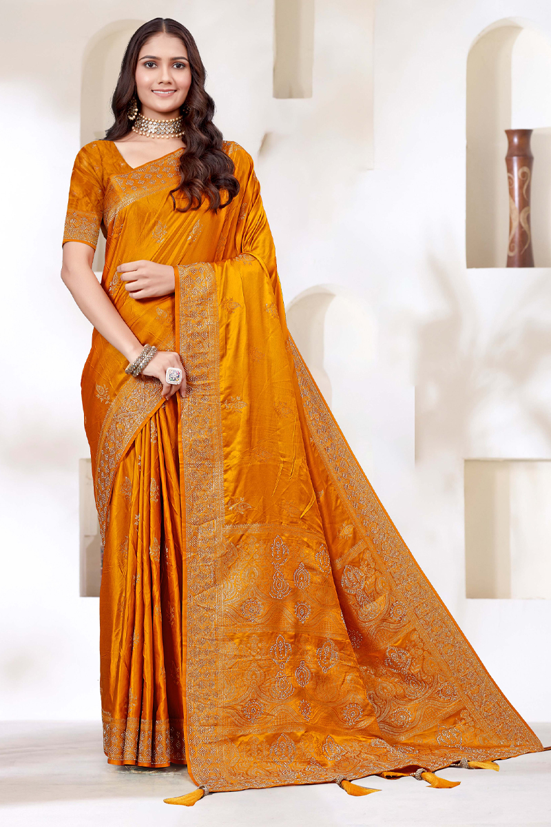 Designer Silk Saree Stone Work In Orange