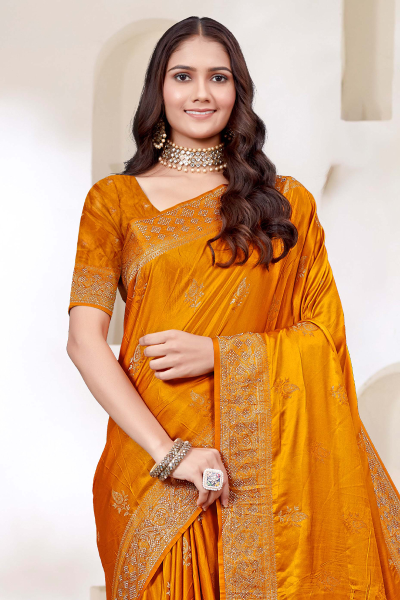 Designer Silk Saree Stone Work In Orange