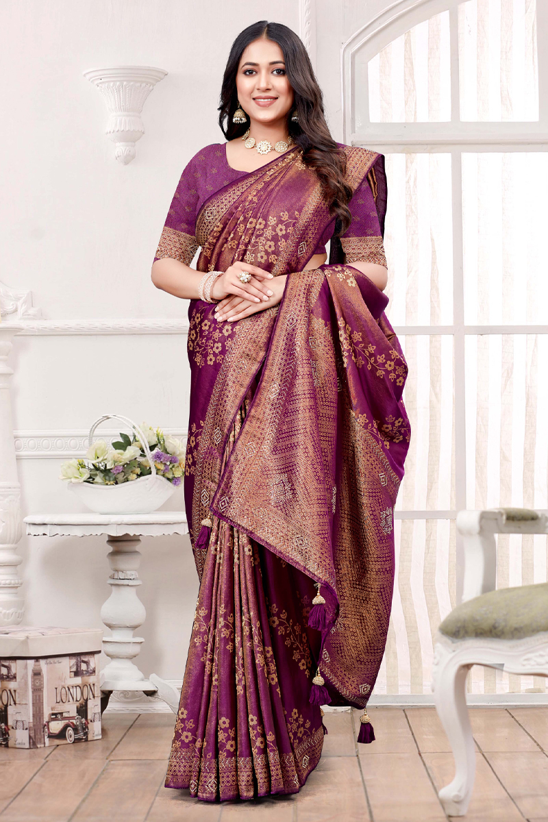 Designer Silk Saree Stone Work In Purple