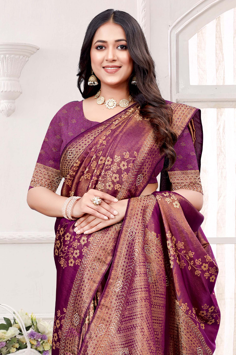 Designer Silk Saree Stone Work In Purple