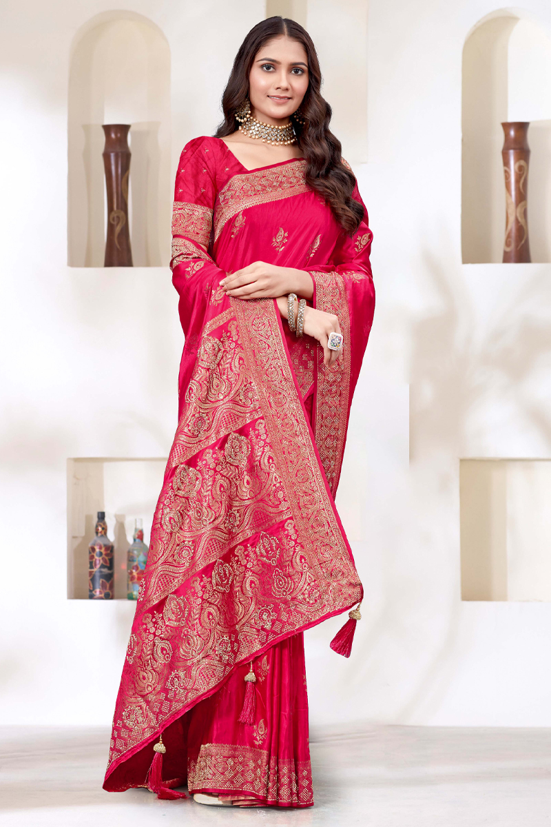 Embroidered Designer Silk Saree In Pink