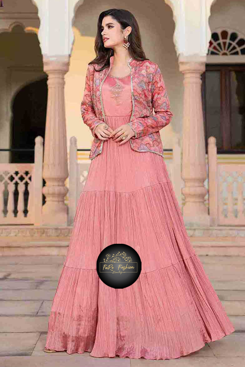 Embroidered Chinon Silk Gown in Pink