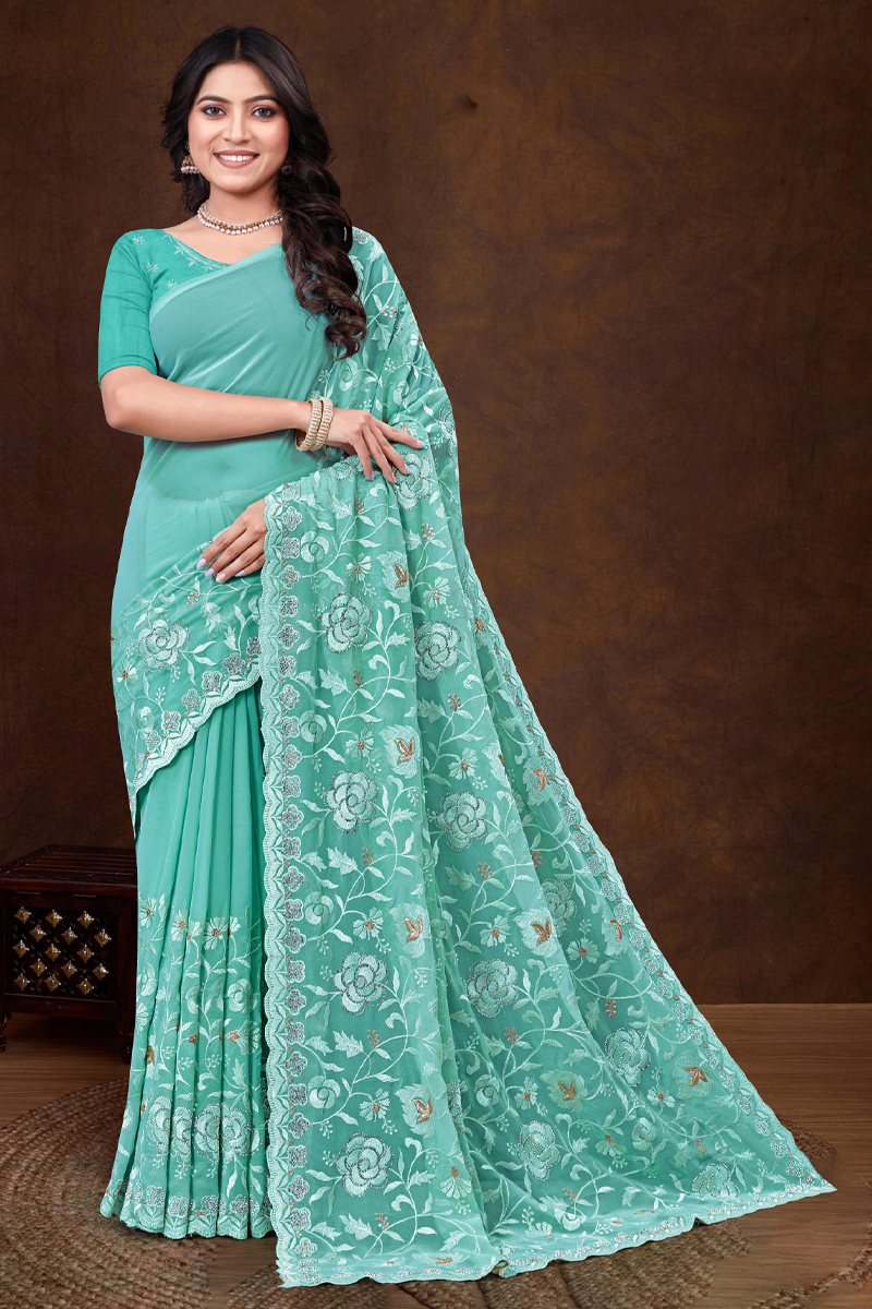 Embroidered Designer Georgette Saree In Cyan