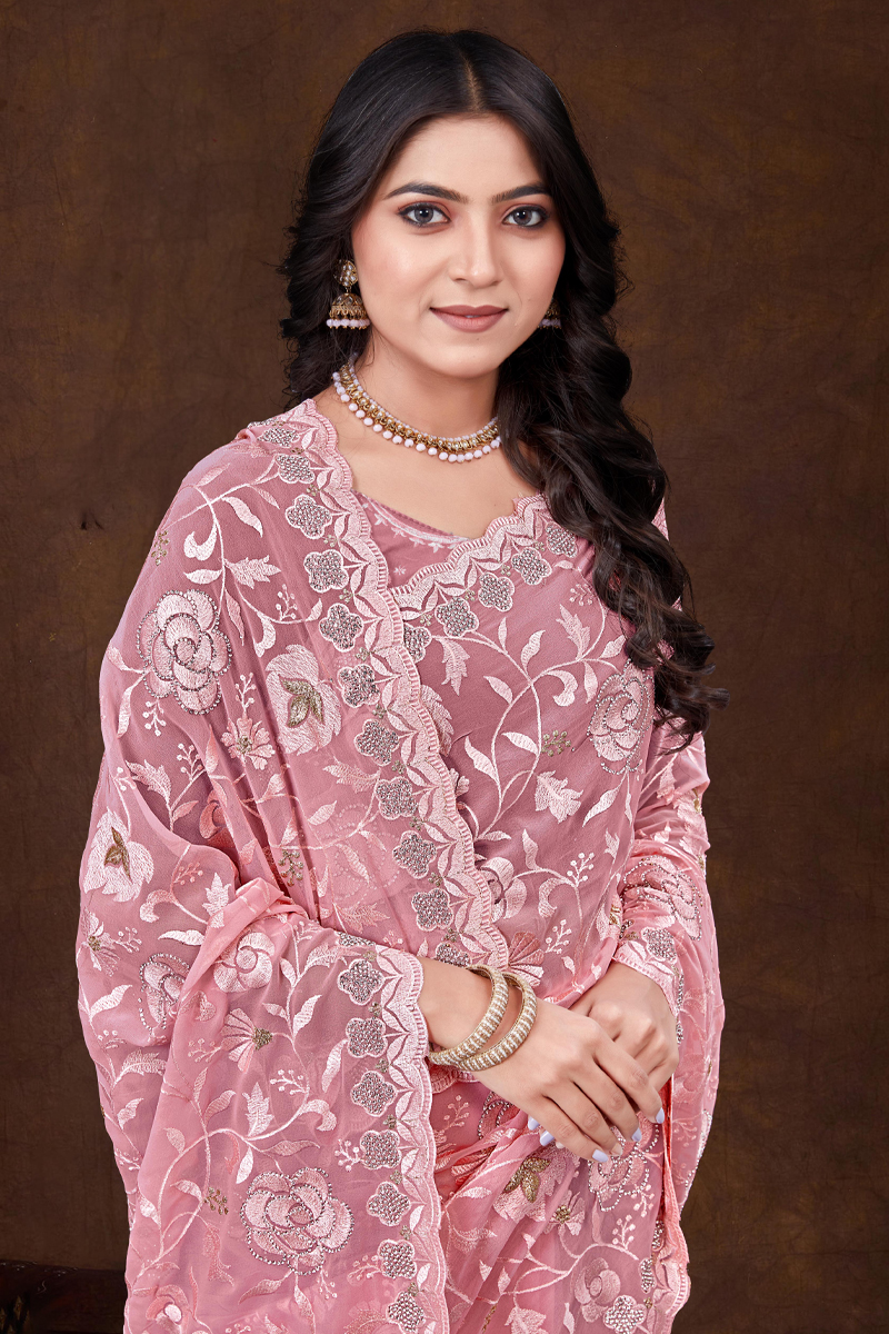 Embroidered Designer Georgette Saree In Pink