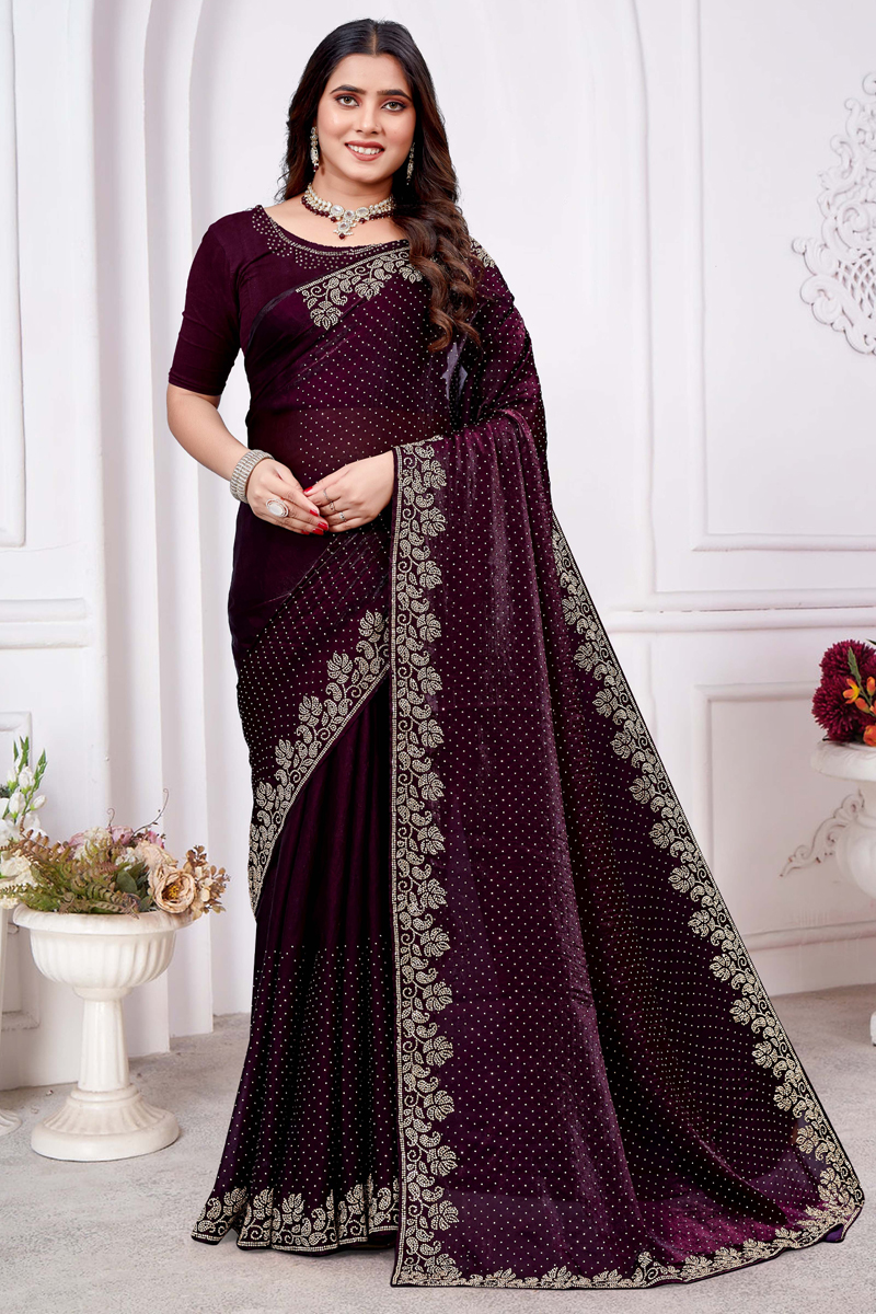 Embroidered Designer Georgette Saree In Purple