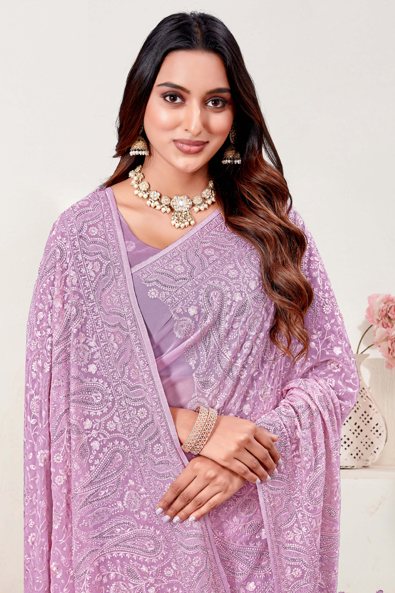 Embroidered Designer Georgette Saree In Purple