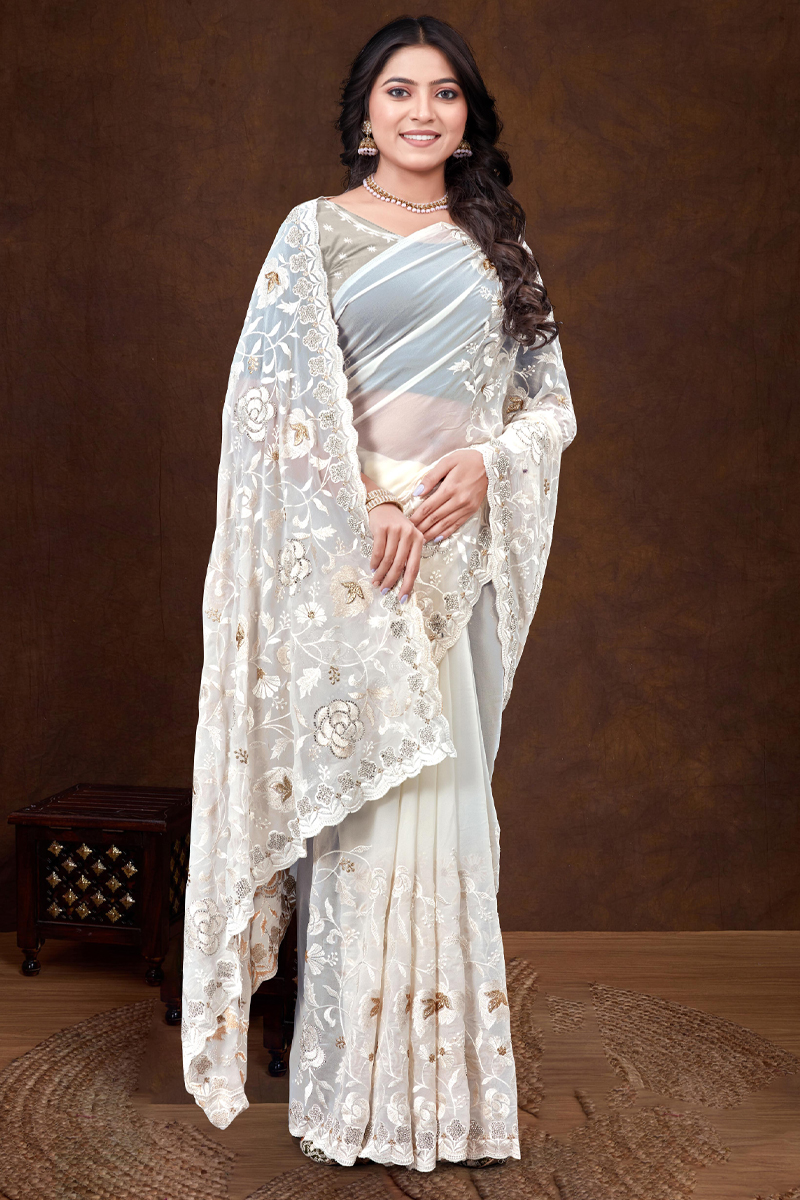 Embroidered Designer Georgette Saree In White