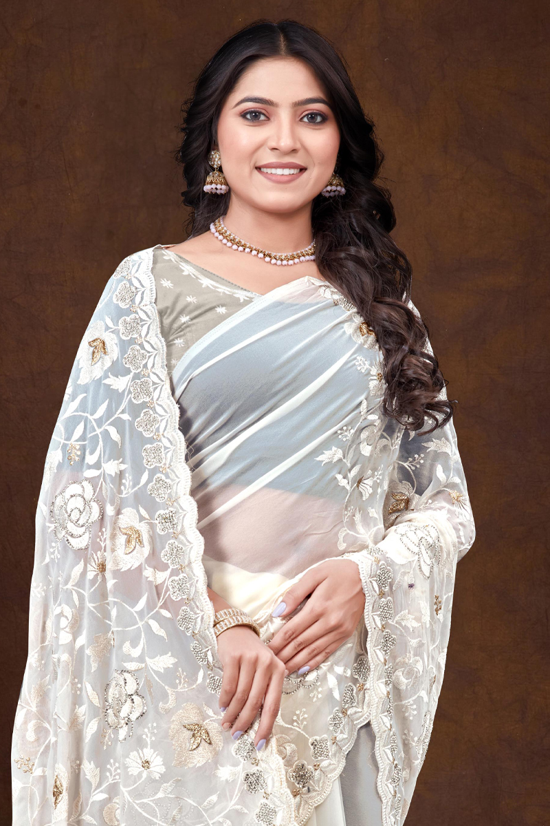 Embroidered Designer Georgette Saree In White