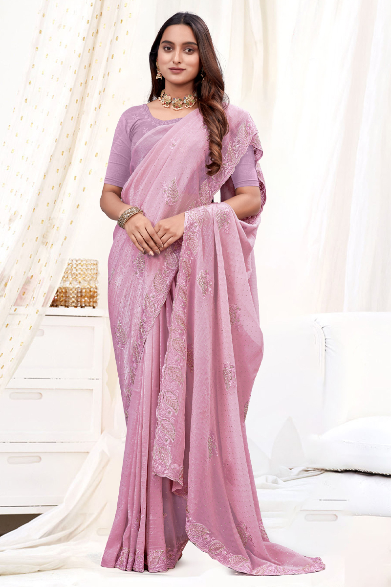 Embroidered Designer Organza Saree In Pink