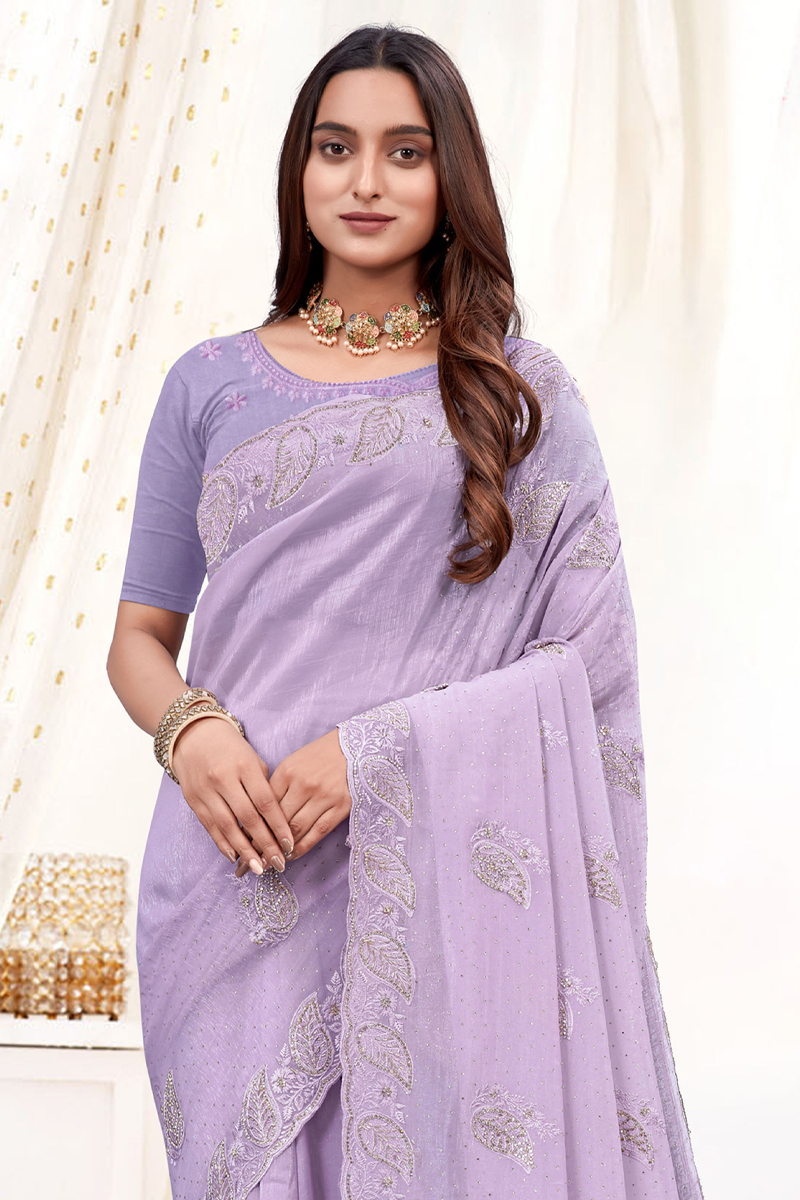 Embroidered Designer Organza Saree In Purple