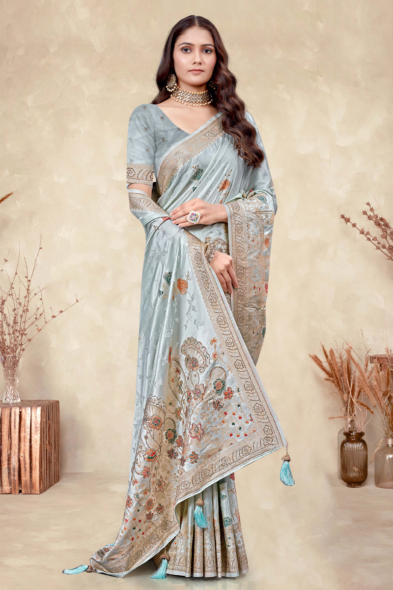 Embroidered Designer Silk Saree In Blue