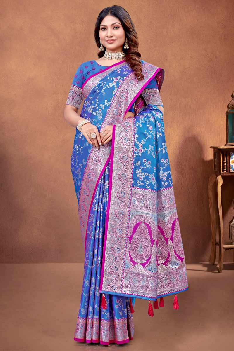 Embroidered Designer Silk Saree In Blue