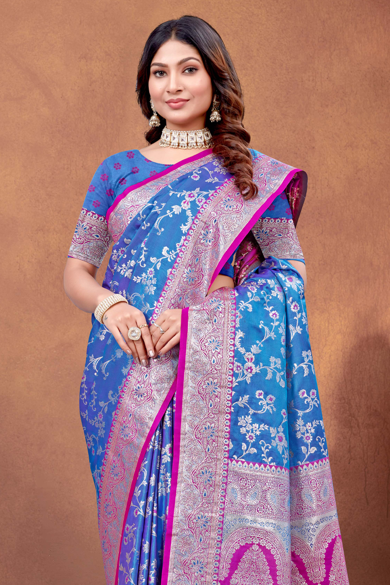 Embroidered Designer Silk Saree In Blue