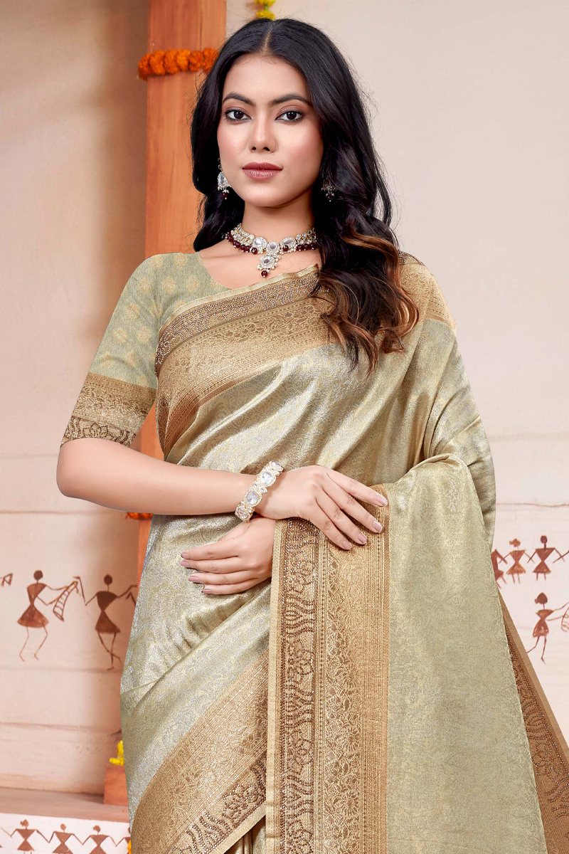 Embroidered Designer Silk Saree In Golden