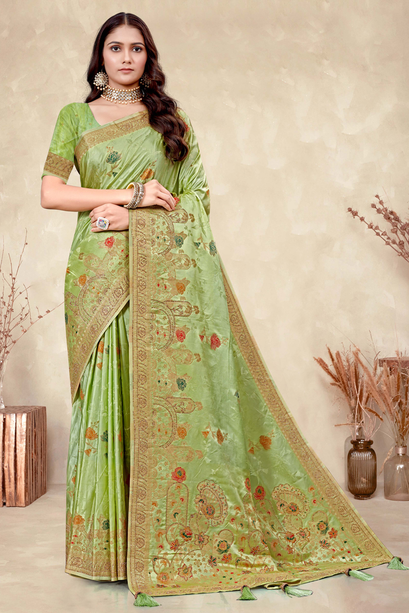 Embroidered Designer Silk Saree In Green