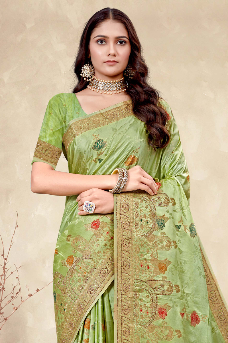 Embroidered Designer Silk Saree In Green