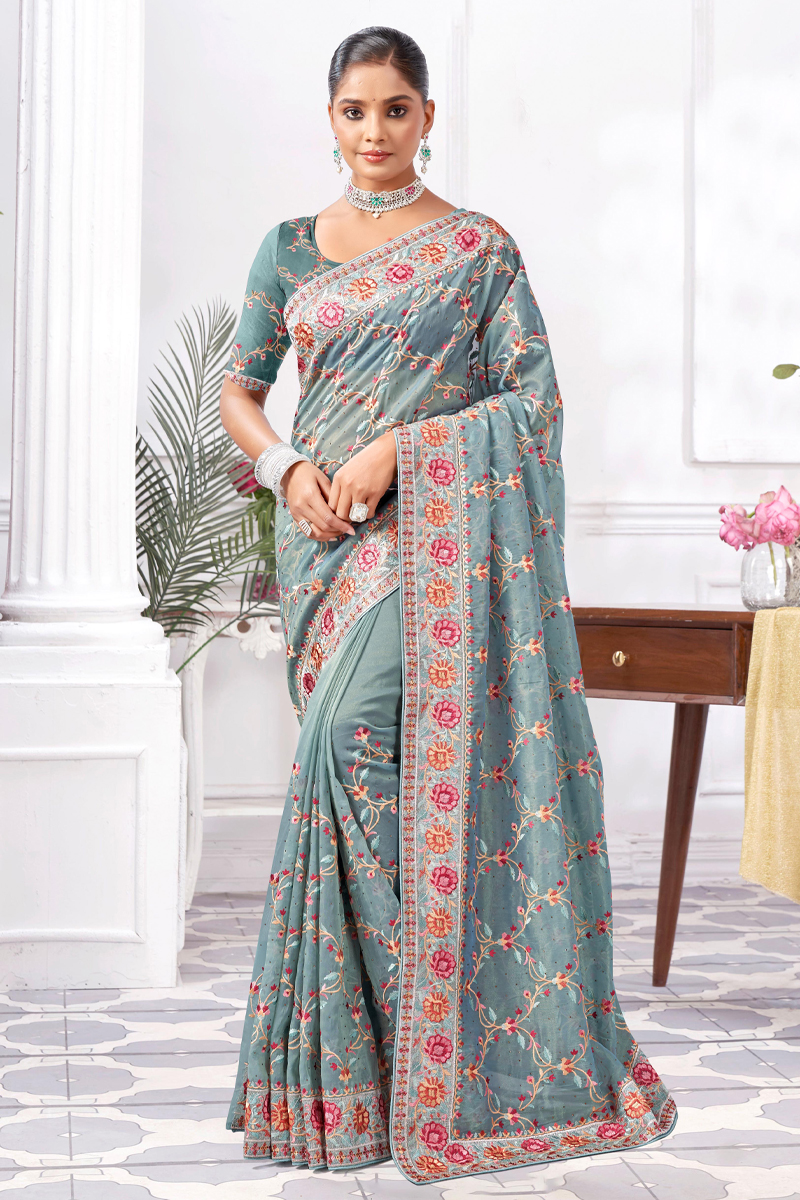 Embroidered Designer Silk Saree In Green