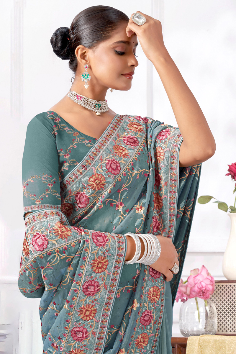 Embroidered Designer Silk Saree In Green