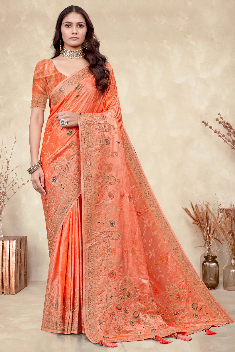 Embroidered Designer Silk Saree In Orange