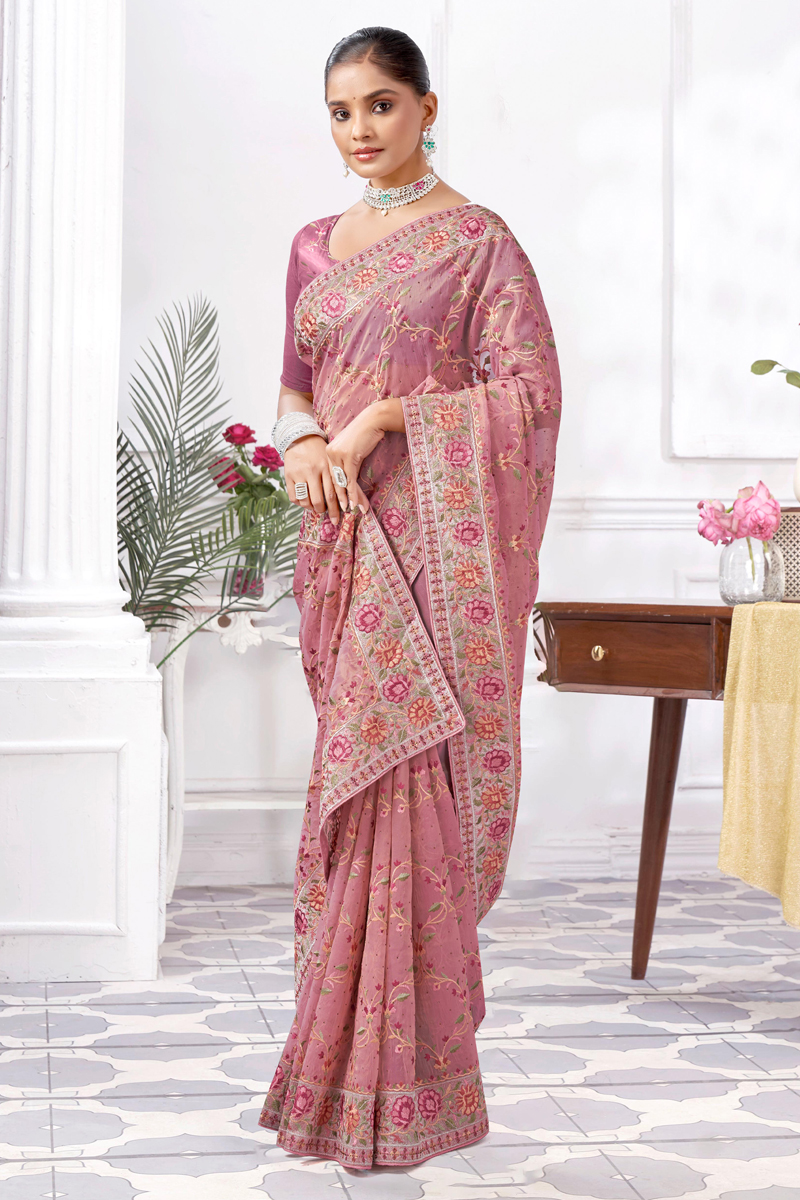 Embroidered Designer Silk Saree In Pink