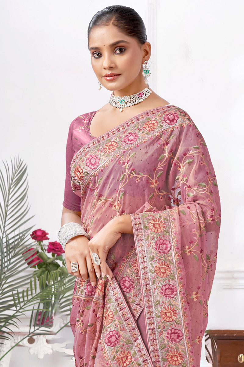 Embroidered Designer Silk Saree In Pink