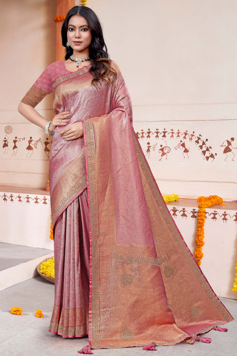 Embroidered Designer Silk Saree In Pink