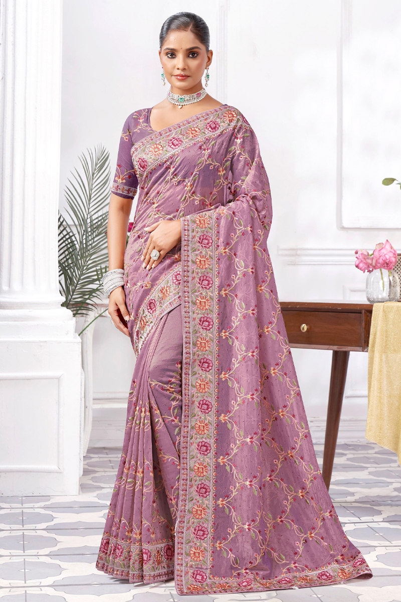 Embroidered Designer Silk Saree In Purple