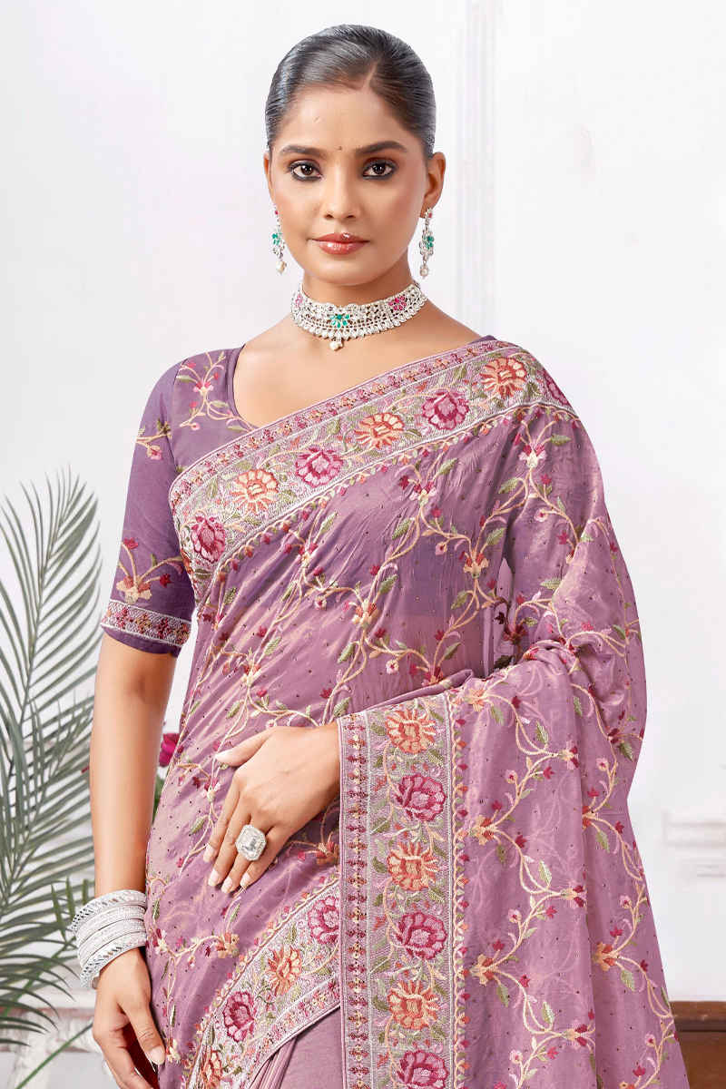 Embroidered Designer Silk Saree In Purple