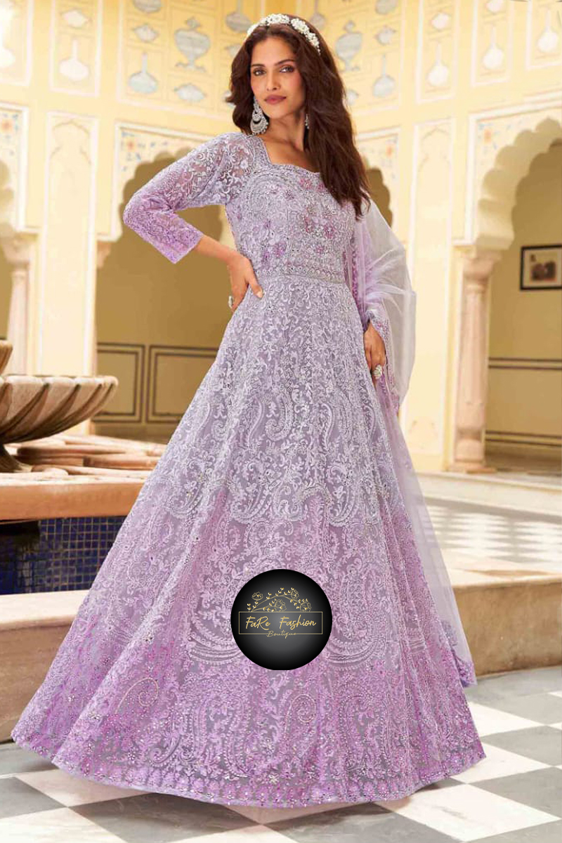 Embroidered Net Gown in Purple