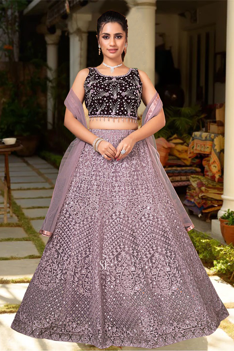 Embroidered Net Lehenga Choli in Purple