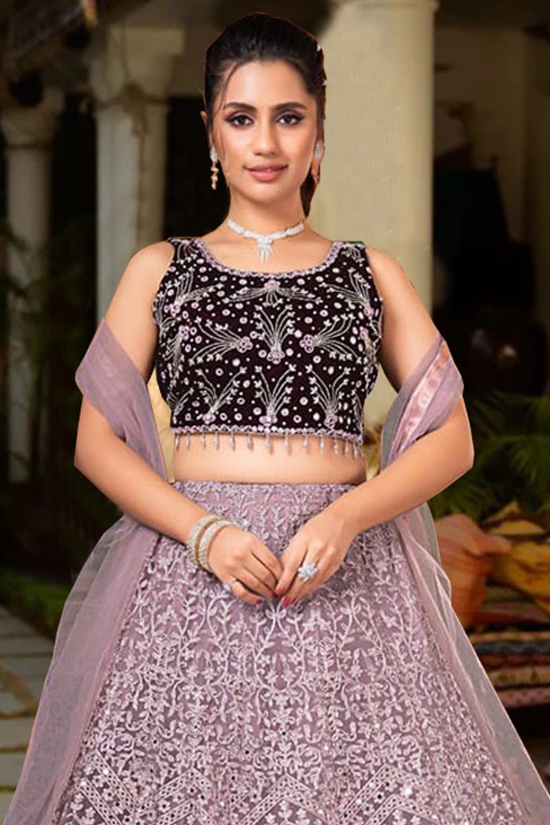 Embroidered Net Lehenga Choli in Purple