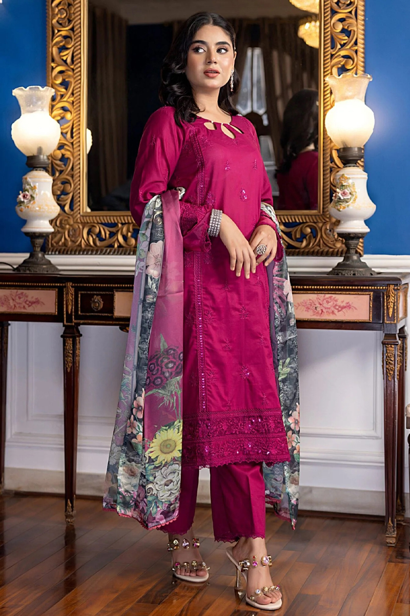 Regalia Embroidered Lawn In Maroon