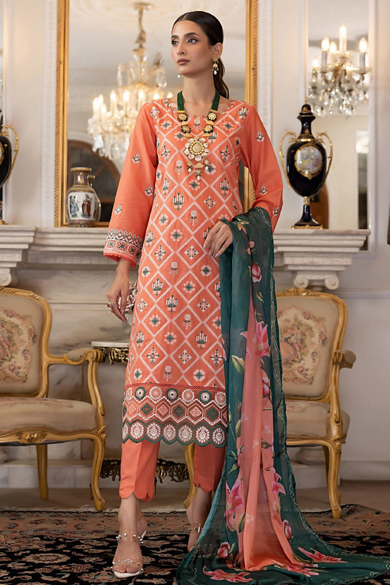 Regalia Embroidered Lawn In Orange