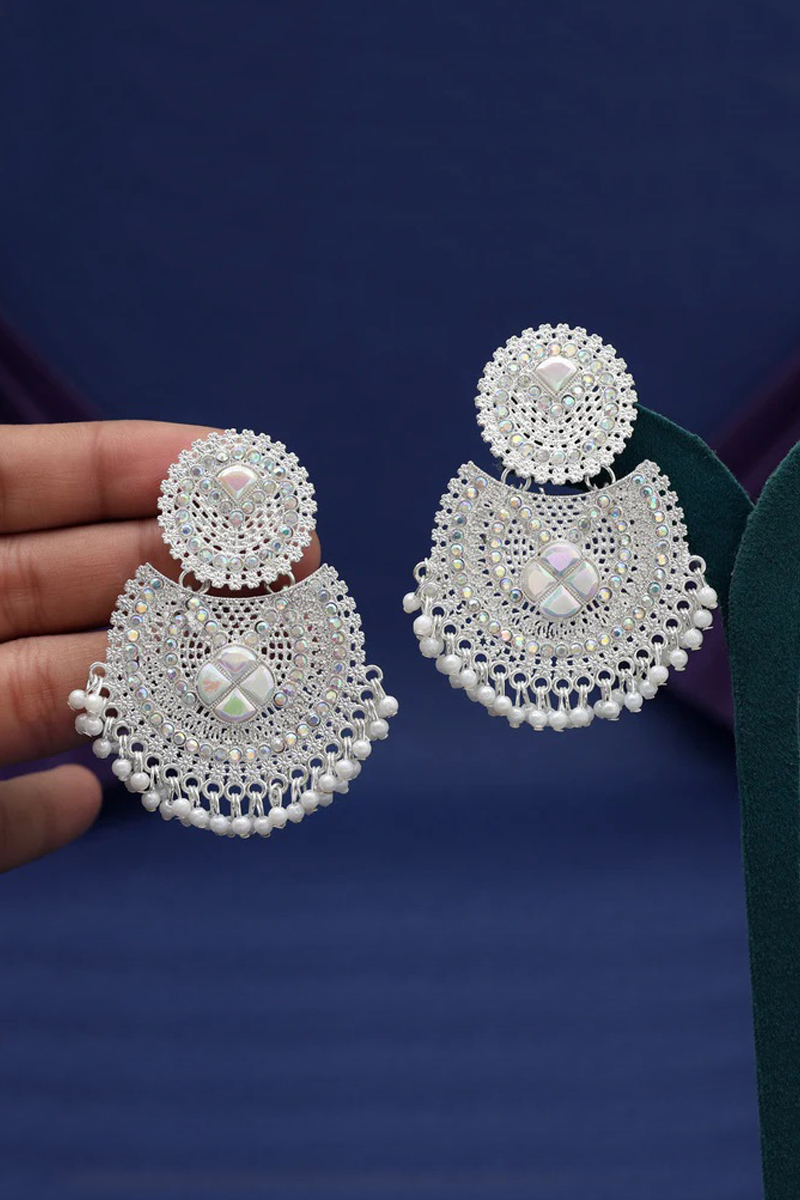 Glass Stone Oxidised Earrings In White