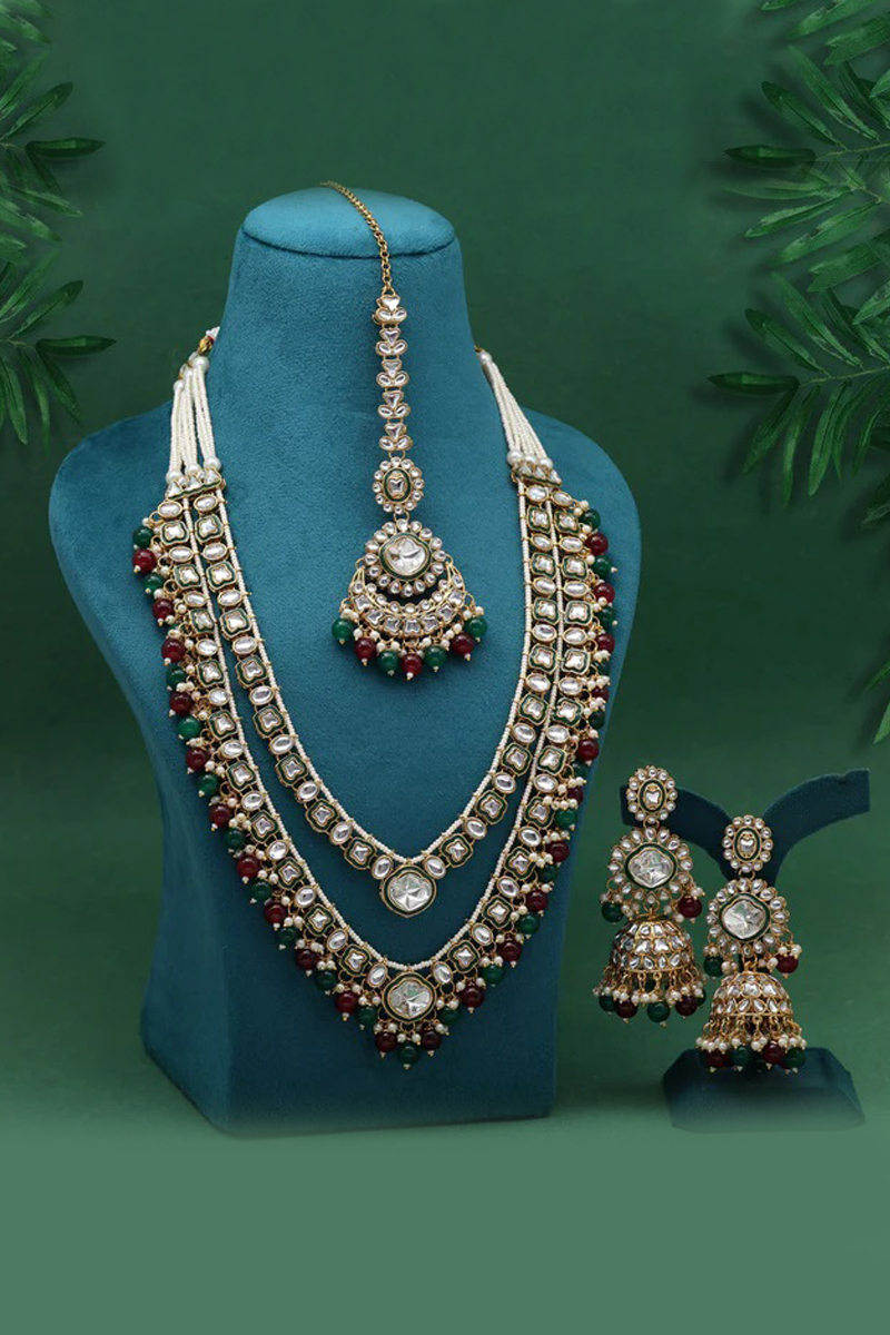 Meena Work Kundan Necklace Set In Maroon