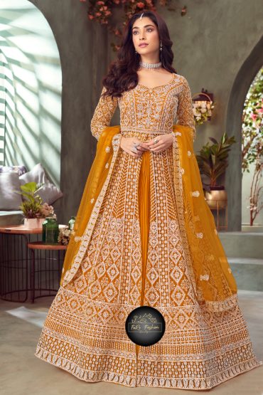 Embroidered Georgette Gown In Orange