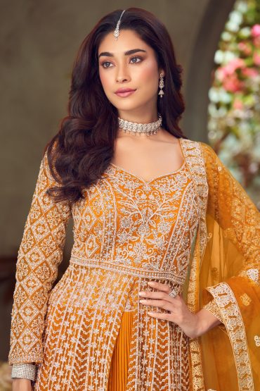 Embroidered Georgette Gown In Orange