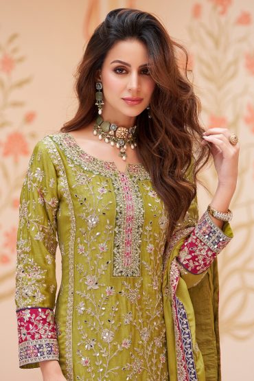 Embroidered Chiffon Salwar Suit In Green