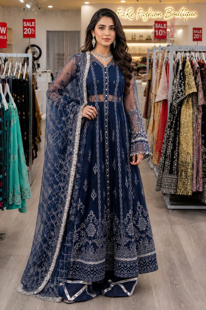 AIK Embroidered Net Salwer Suit In Blue 200555 01