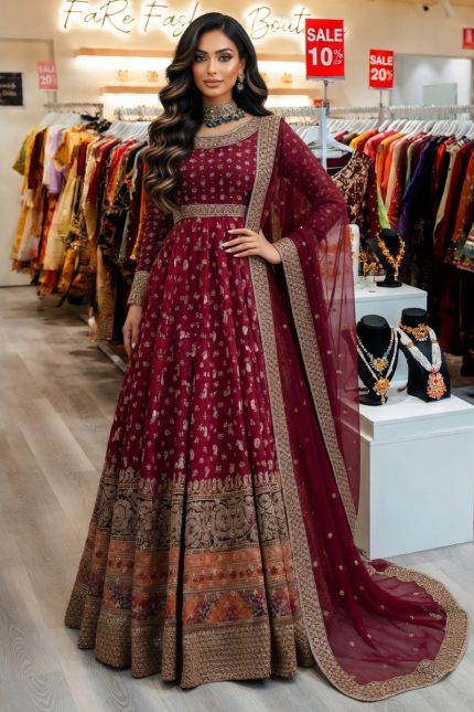 Asim Jofa Luxury Jacquard Gown In Maroon 201367 01